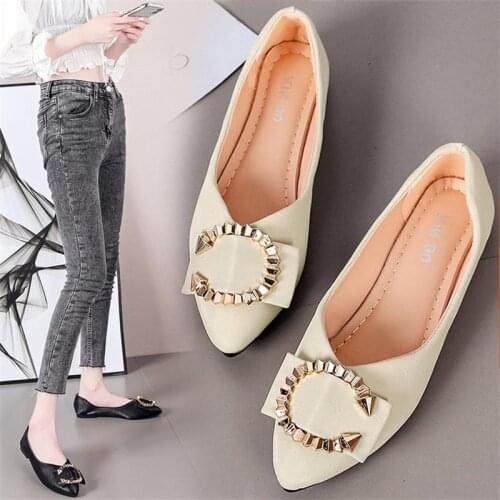 2021 Womens Shoes Fashion Comfortable Trend Casual Daily Solid Color PU Pointed Toe Golden Ring Shallow Mouth Flat Shoes