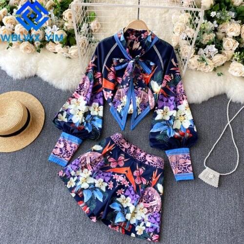 Two piece set Women Removable Bow Collar Flared sleeves Shirts And High waist Wide leg shorts Fashion Print 2 piece set Female