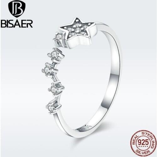 BISAER Anel 925 Sterling Silver Finger Ring Star Constellation Clear CZ Rings for Women Sterling Silver Wedding Jewelry ECR440