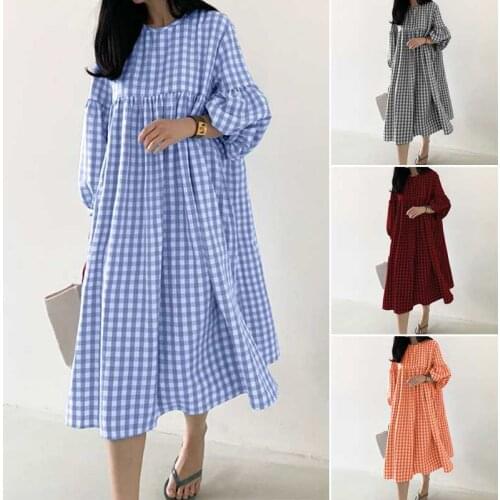 Plus Size Stylish Check Dress Womens Autumn Dress 2021 ZANZEA Casual Puff Sleeve Midi Vestidos Female O Neck Robe Femme 5XL
