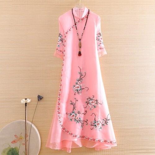 Hi-end Summer Women Organza Cheongsam Dress Embroidery Slim Elegant Lady Chinese Style A-line Party Qiapo Dress S-XXL