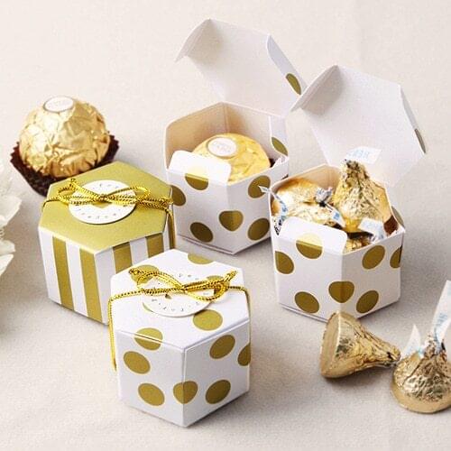 5pcs Mini Golden Stripe Dots Gift Box Hexagon Wedding Chocolate Box Bronzing Candy Box Baking Package Wedding Party Decorations