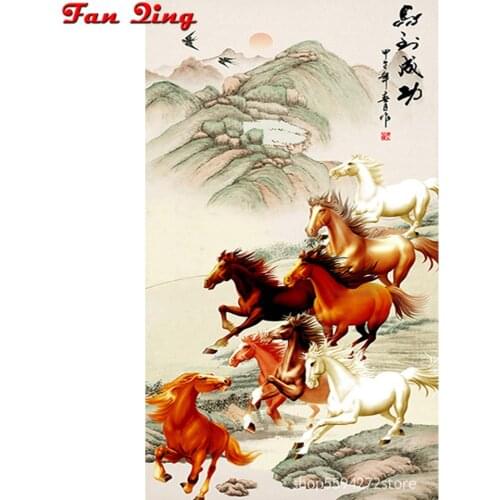 DIY Diamond Embroidery,Round Diamond ‘’Gain an immediate victory ‘’Eight horse full Diamond painting cross stitch,needlework