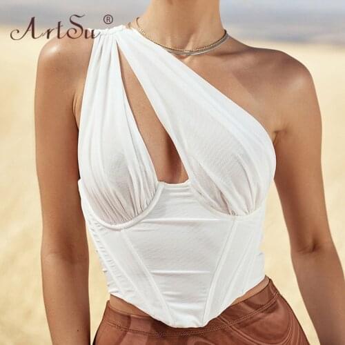 ArtSu White One Shoulder Hollow Out Fashion Corset Top Party Sexy Ladies Tops Summer 2021 Club Crop Top Tank Tops Femme