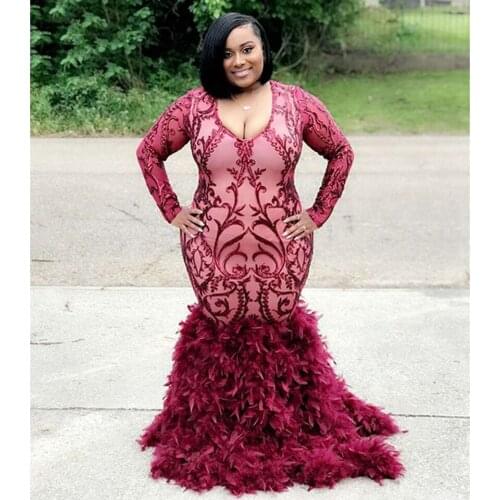 2019 Burgundy Mermaid Prom Dresses Plus Size Long Sleeves V Neck Feathers Long Evening Gowns Formal Party Dress DP0183