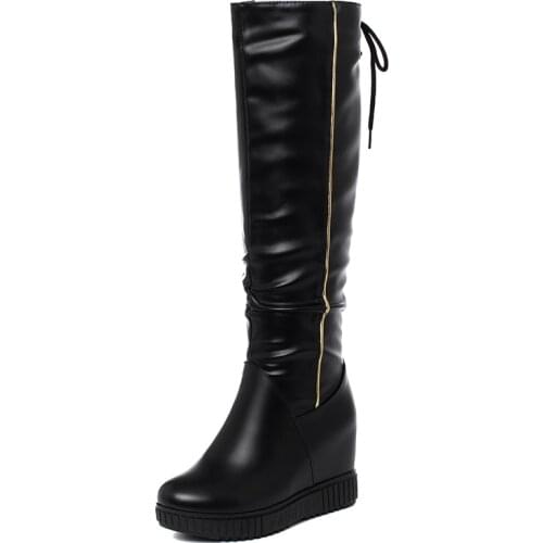 Wedge Heel Platform Platform Fashion Long-Tube Womens Boots Inner Heightenin Cross Straps Warm Inner Lining Flock Or PU Shoes