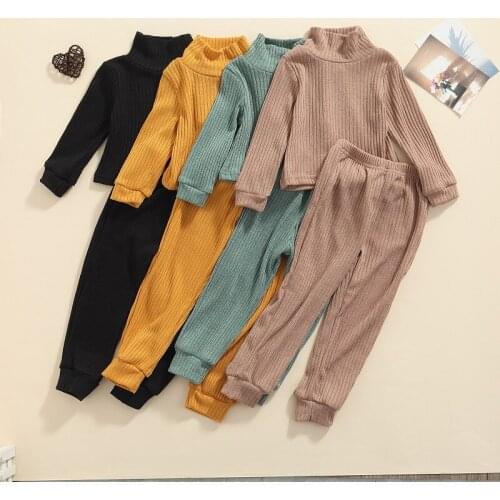 2-7Y Toddler Kids Baby Girl Solid Color Long Sleeve Turtleneck Pullover Tops High Wait Long Pant 2PCS Autumn Clothing Set