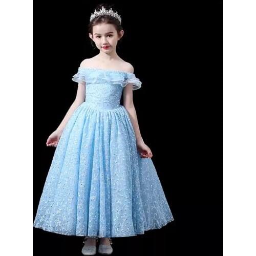Flower Girl Dresses Illusion Off The Shoulder Embroidery Sequined Short Boat-Neck Princess Tulle Sky Blue Kids Party Gown H545
