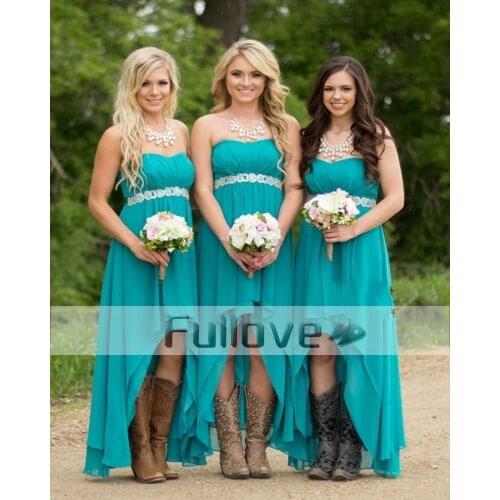 Elegant Turquoise Crystal Sashes Bridesmaid Dresses Cheap Clothes China High Low Pleat Prom Party Gown Vestido De Festa Abiye