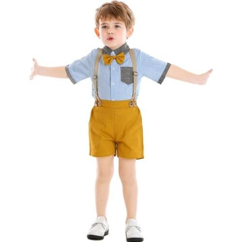 2020 Summer Gentleman Boys Clothes Fashion Kids Boys Clothing Short Sleeve T-Shirt+Belt Pants+Tie 3Pcs Clothes Suit Boys Costume