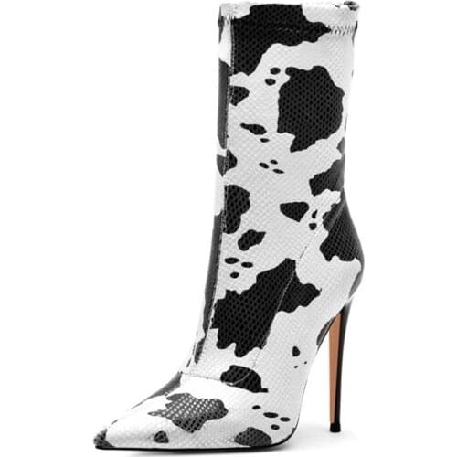 Creative Design Black and White Cow Newspaper Print Women Boots Mid Calf Spike Heel Pointed Toe Short Boots Big Size 45
