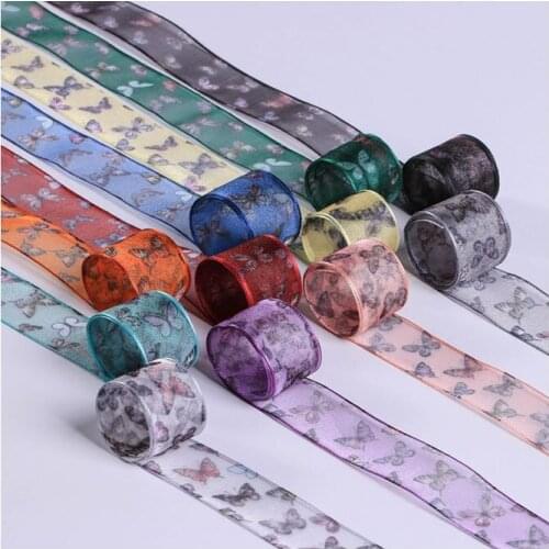 5 yards/lots Butterfly Printed Organza Stain Ribbon for Bow DIY Hair Accessories Cake Gift Bouquet Packaging Clothing Trims