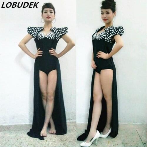 Fashion Black White Rhinestones Bodysuit Long Cloak 2-Pieces Set Sexy DJ DS Dance Outfit Nightclub Bar Female Singer Stage Wear