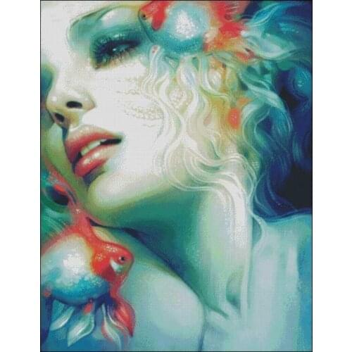 New Beauty girl and fish sewing kit Top Quality Embroidery Needlework 14CT Unprinted Art Cross Stitch Kits DIY Handmade Decor