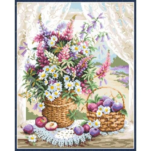Counted Cross Stitch Kits Cotton Flowers 11CT Printed Needlework Sets Embroidery Chrysanthemum Vase 14CT White Canvas Home Decor