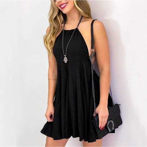 New Summer Womens Wear Sexy Bandage Sling Fashion SLEEVELESS MINI Black Ruffle Open Back Loose Nightclub Party Dress