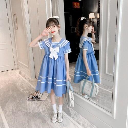 New Girls Dresses 2021 Summer School Childrens College Style Bow Dress School Students Loose Dress Blue
