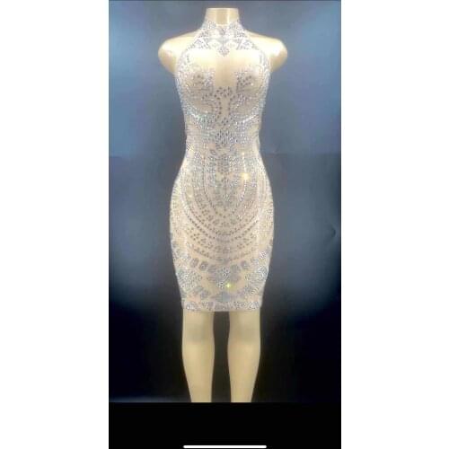New Style Silver Rhinestone Transparent Short Dress Birthday Celebrate Outfit Evening Women Dancer sexy Dress