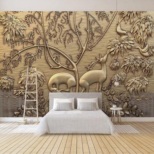 Custom Photo Mural European Style 3D Stereoscopic Golden Embossed Forest Elk Bird Creative Art Wall Painting Wallpaper For Walls
