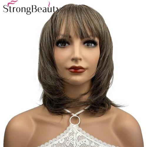 StrongBeauty Straight Wigs Medium Length Wigs with Neat Bang Synthetic Natural Capless Women Hair Many Colors
