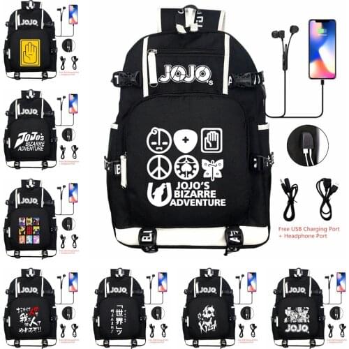 JoJo Adventure Backpack Shoulder Travel Bag Rucksack BookBag USB Port Black Knapsack for Men Teens Kids Students