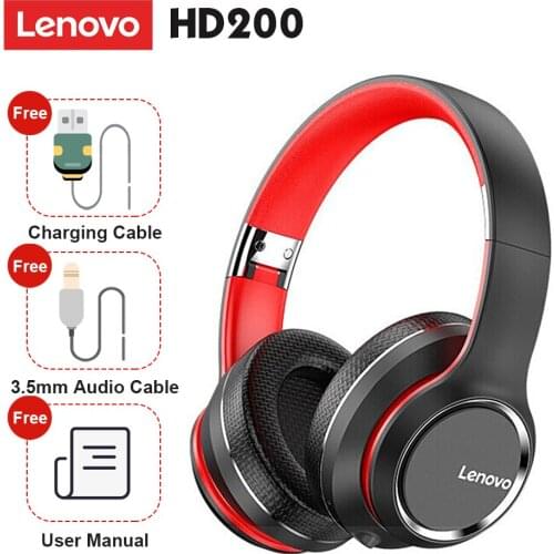 Lenovo HD200 Foldable Over Ear Headset Bluetooth 5.0 Wireless Headphones Sports Music Earphone 3.5mm AUX IN MP3 Player with Mic