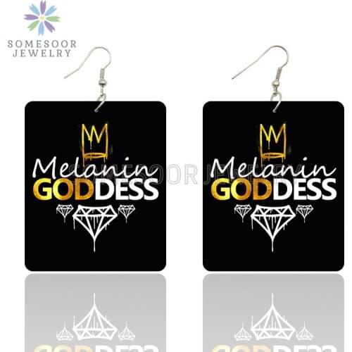 SOMESOOR Poppin Melanin Goddess Printed Geometric Wooden Drop Earrings Black Queen Sayings Square Dangle Jewelry For Women Gifts