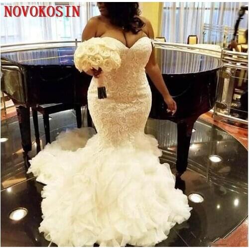 African Plus Size Wedding Dresses Sweetheart Mermaid Lace Up Back Tulle And Lace Bridal Wedding Gowns Dubai Arabic Vestidos