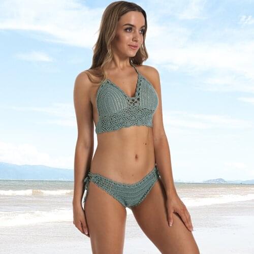 Handmade Crochet Lace Knit Bra Swimwear Beach Push-up Bikini Set Halter Cami Tank Crop Top