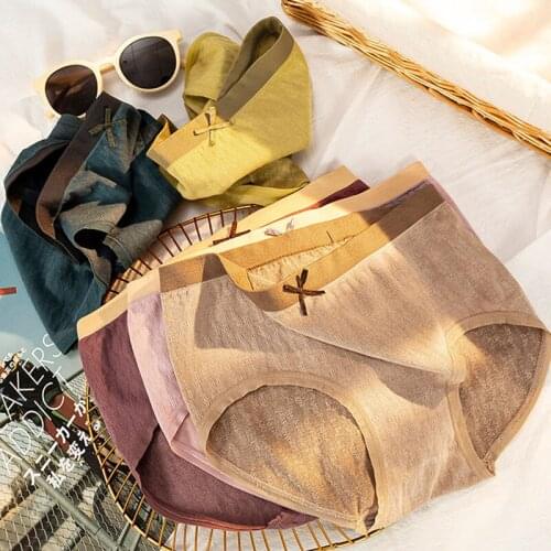 Wasteheart Women Fashion Blue Cotton Bow Mid Waist Panties Underwear Lingerie Seamless Lace Briefs Underpants F