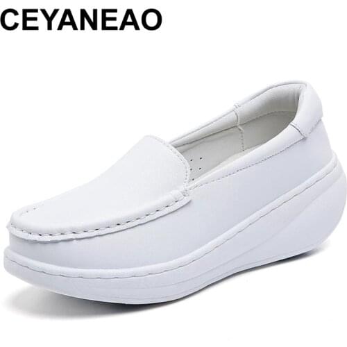 CEYANEAO Genuine Leather Womens Rocking Sneakers Ladies Platform Shoes Women Chunky Shoes Slip on Loafers Nurse Shoes Zapatilla