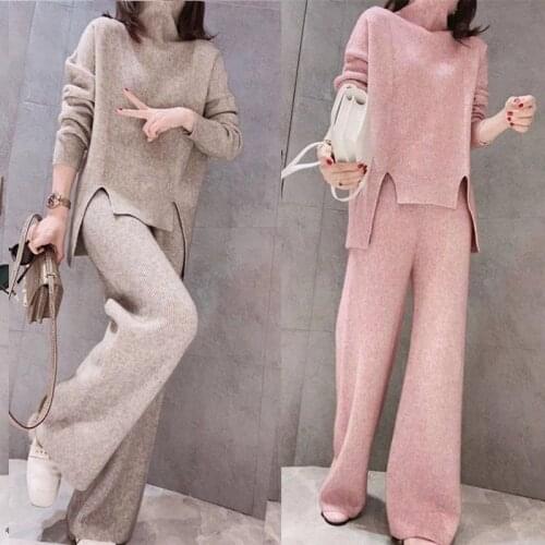2021 New autumn Winter Fashion Women sets Two-Piece Suits Knitted Pullover Sweater + High Waist Loose Wide Leg Pants Set X599