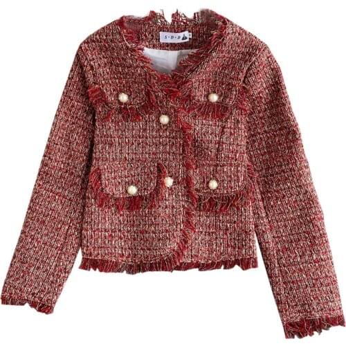Womens new plaid Jacket Ladies' Temperament senior red French Little fragrance jacket tweed braided tassel short Jacket Women