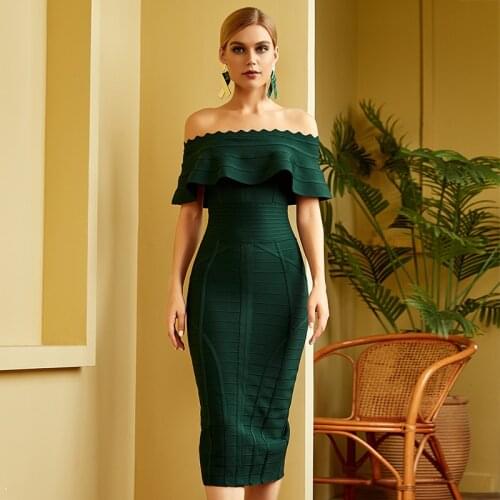 2021 New winter christimas green off the shoulder knee length bandage dress evening celebrity Party Dresses wholesale