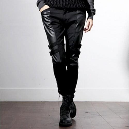 27-44 ! 2017 New Mens clothing fashion plus size Male Personality Bandage PU stitching casual Skinny pants singer costumes