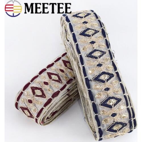 4Meter Ethnic Gold Thread Embroidered Lace Trims Sequins Webbing Ribbons Tape For Shoes Dress Decoration DIY Sewing Accessories