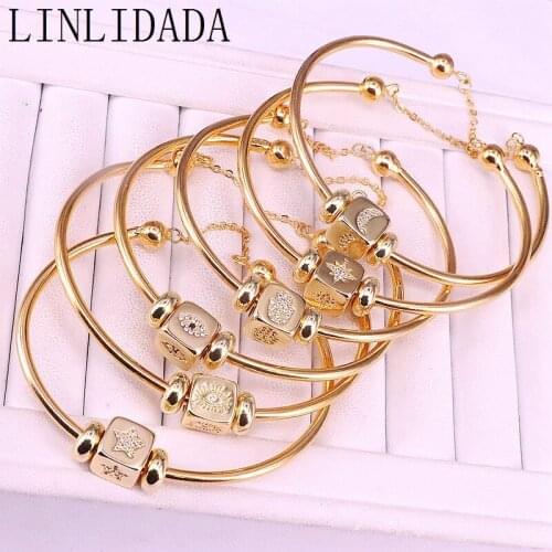5Pcs New Trendy Gold Color Jewelry Micro Pave CZ Square Shape Beads, Cubic Zirconia Women Cuff Bangles Bracelets