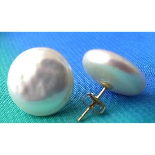 Free Shipping 12-13MM WHITE COIN FRESHWATER PEARL EARRING 20 GOLD