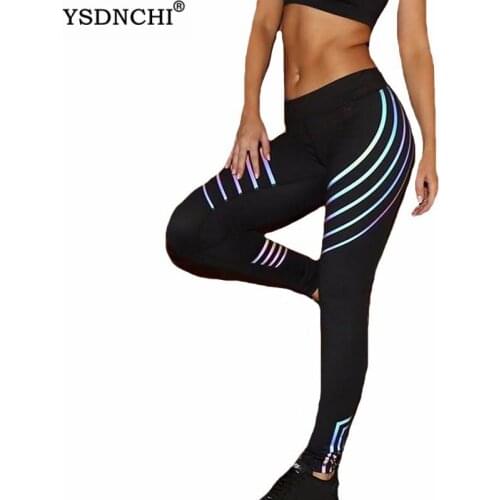YSDNCHI Hot Sale Shiny Fitness Pants Reflective Leggings Stripes Elasticity Slim Breathable Female Sexy Fitness Trousers