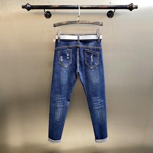 Colored Sequins Embroidery Flowers Denim Trousers Office Lady Skinny Pencil Pant Button Straight Jeans Blue Women Streetwear