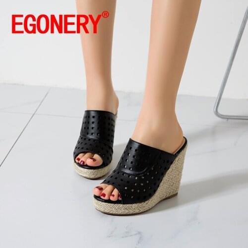 EGONERY summer Fashion New Style Women Slope Heel Sandals Slipper Concise Comfortable Mature Peep Toe Solid color Multicolor