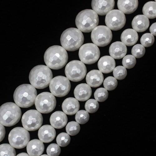 Wholesale 8-14mm Faceted White Shell Pearl Round Loose Beads 15"/38cm ,For Jewelry making, can mixed wholesale