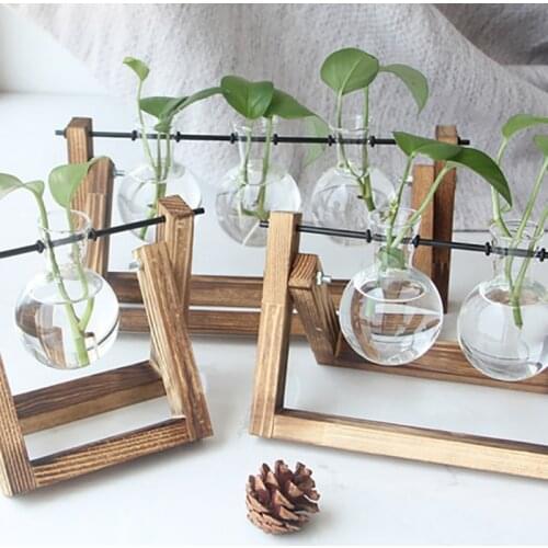 Creative Glass and Wood Vase Planter Hydroponics Plant Bonsai Flower Pot Hanging Pots with Wooden Tray Home Decoration