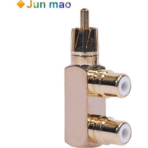 Copper Gold Plated RCA Male to 2 RCA Female Right Angle Audio Plug Splitter Adapter Converter Connector 45*22*12mm