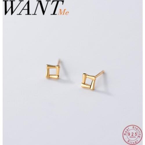 WANTME Minimalist Geometric Golden Square Stud Earrings for Fashion Women Real 925 Sterling Silver Student Girl Jewelry Gift