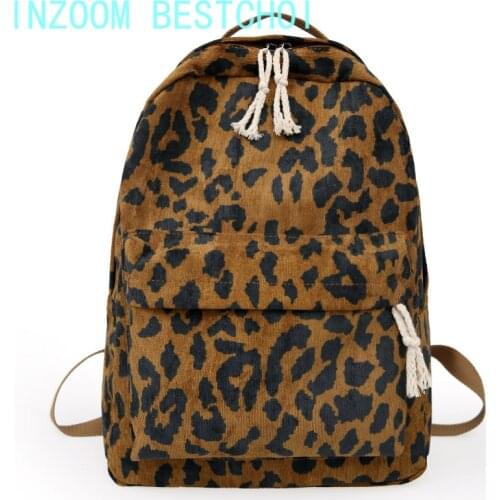 Fashion Female Backpack Leopard Print Corduroy Dual-Straps Woman Travel Large Capacity Girl School Shoulder Bag Mochila Mujer