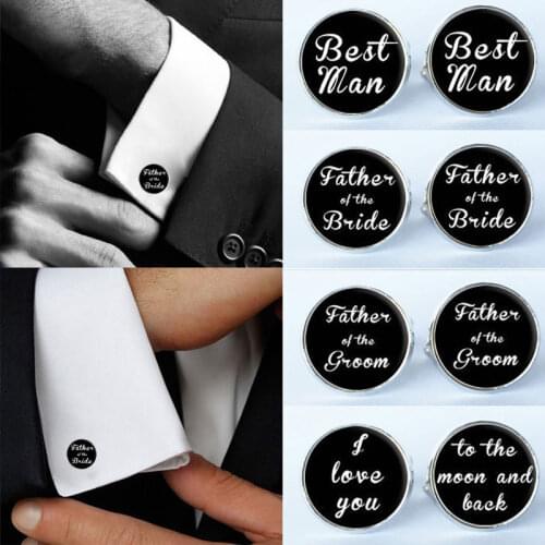 Men Letter Round Black Cufflinks Clip Shirt Cuff Link Button Bride Best Man Groom Usher for Wedding Formal Party Decoration
