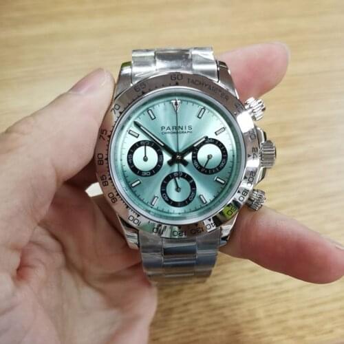 Fashion Parnis 39mm Quartz Men Watch Sapphire Crystal Chronograph VK64 Movement Mens Watches Silver Bezel