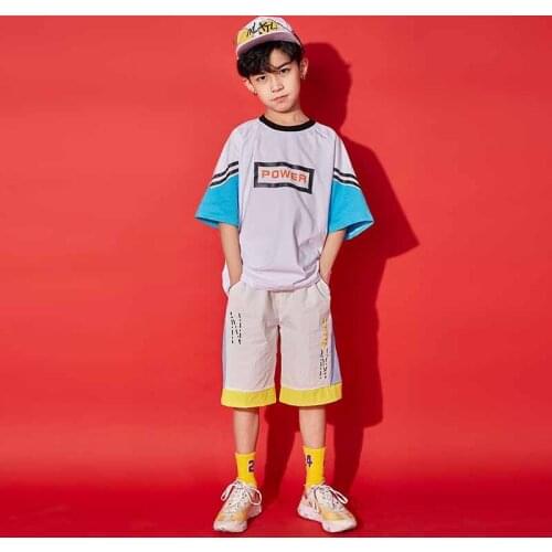 2019 New Hip Hop Costumes Kids Boys Jazz Dance Child Costume Loose White Round Neck Short Sleeve Shorts Dancing Outfit BDY029