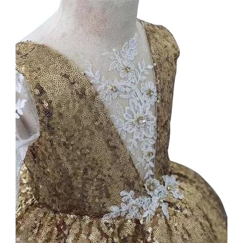 New Flower Girls Princess Long Sleeves Beading Pageant Ball Gown Lace Appliques Formal Party Christmas Birthday Dresses